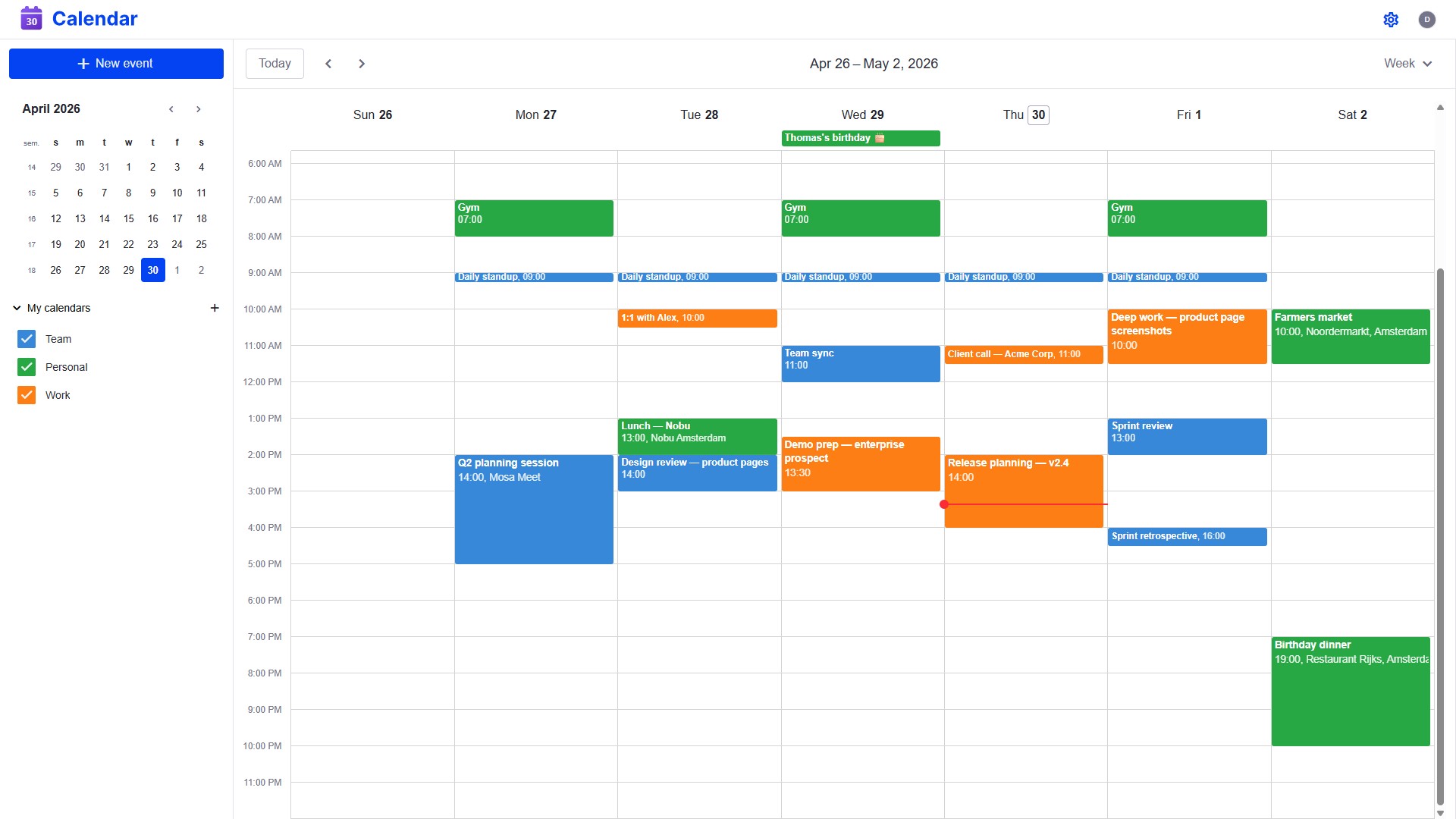Calendar week view showing multiple color-coded calendars with events