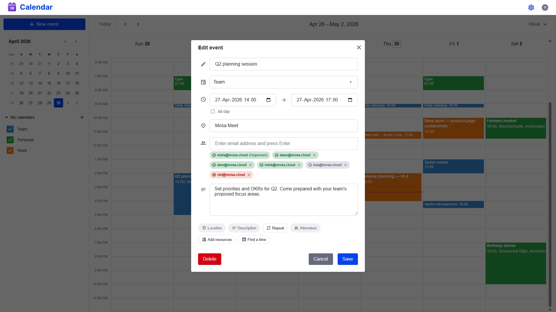 Event detail panel showing attendees with RSVP statuses