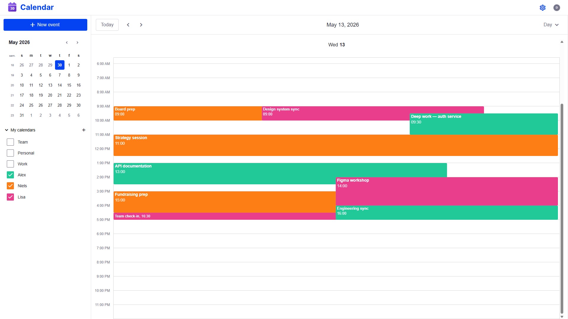 Week view with multiple team members' calendars overlaid showing free and busy times