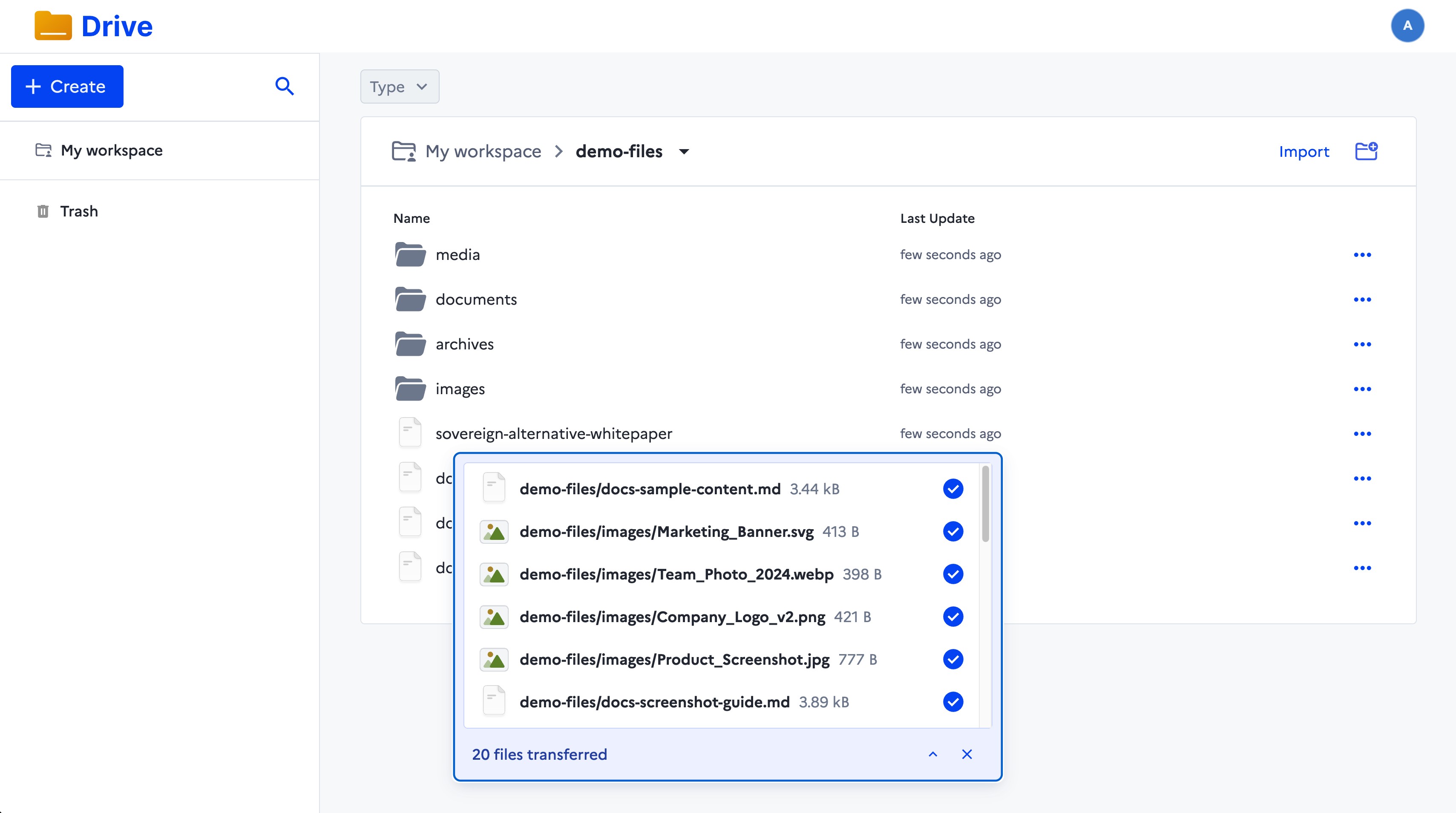 Drive file browser showing folders and file upload