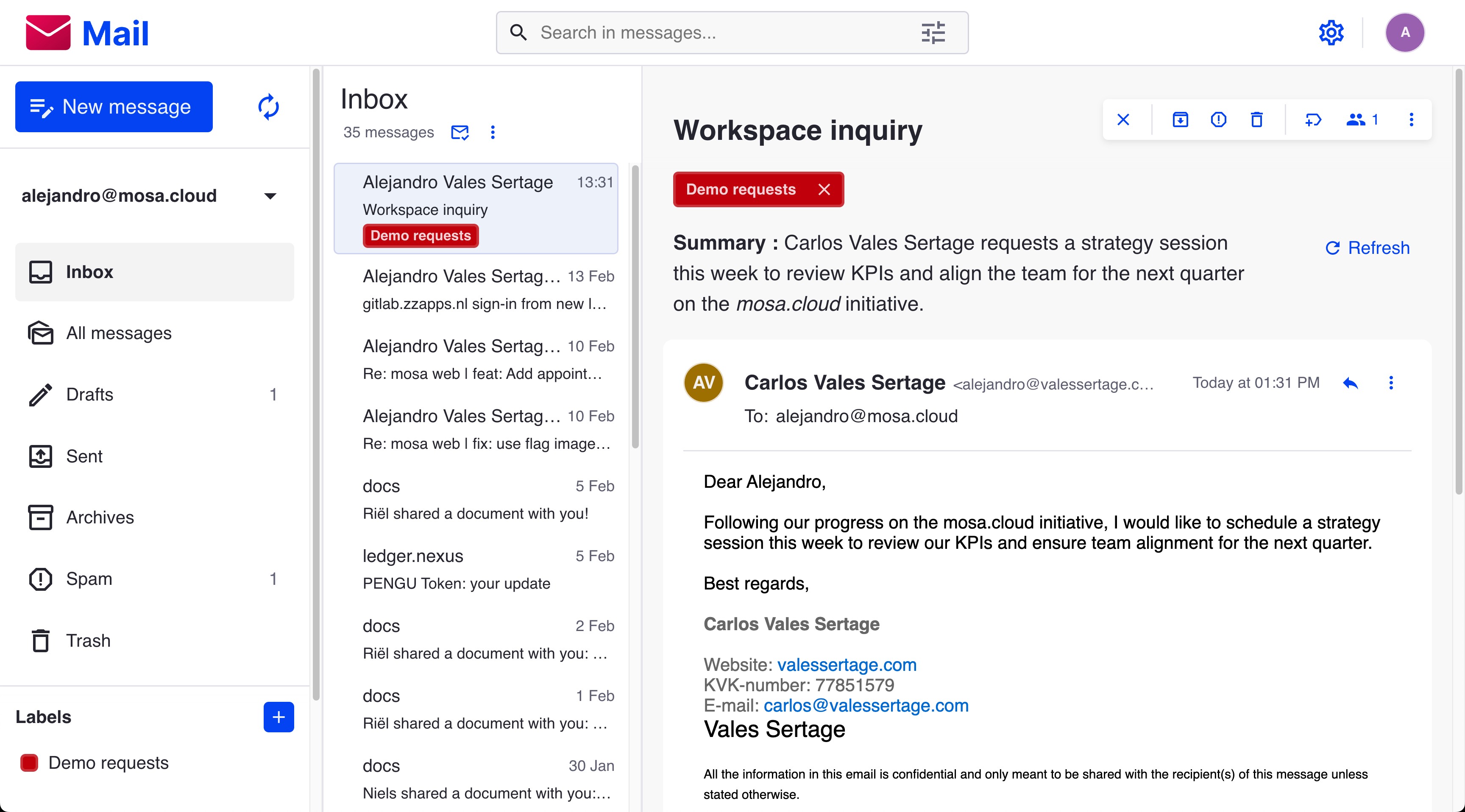 Mail inbox with AI-generated summary and smart labels
