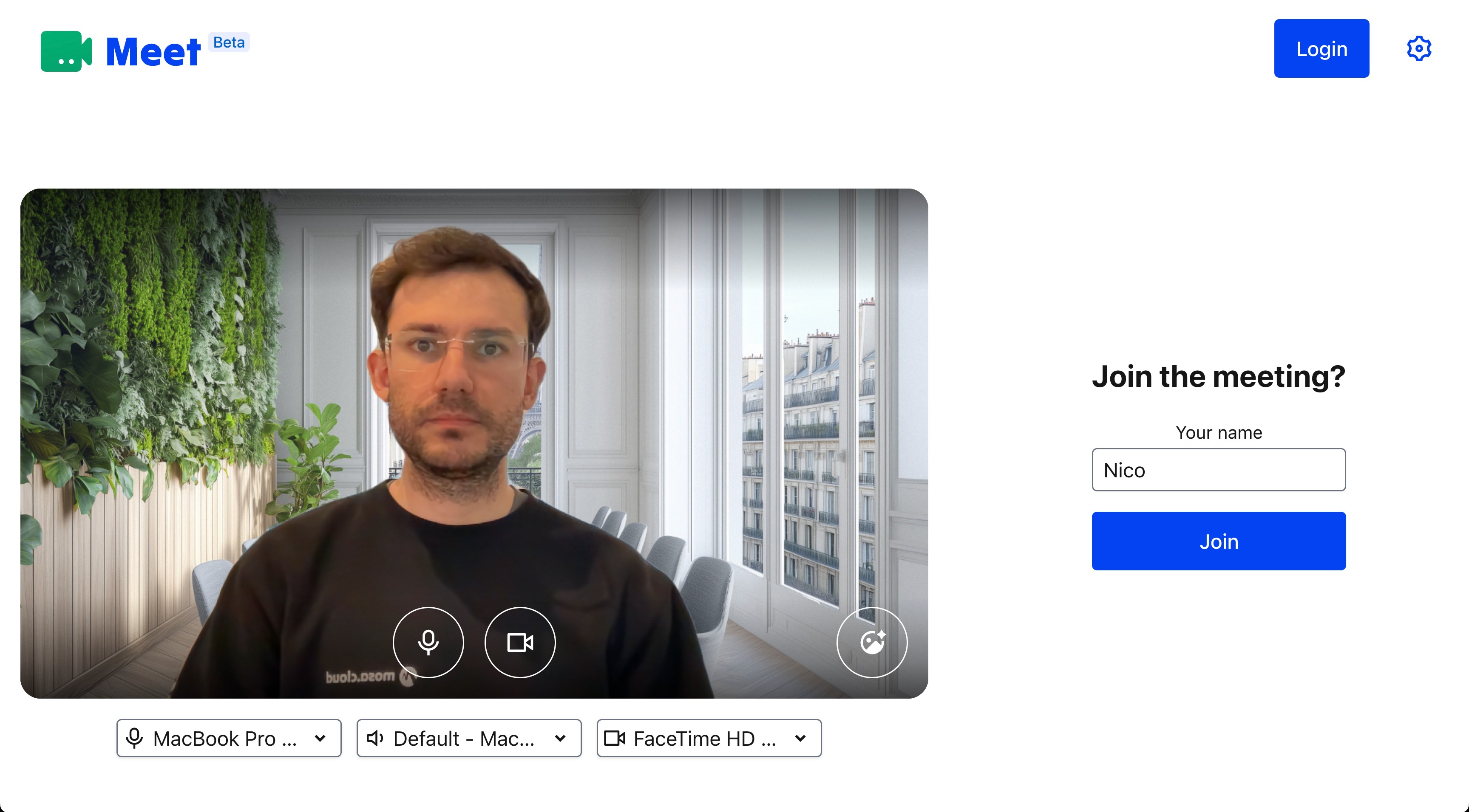 Meet video call with sharing link, transcription and recording tools
