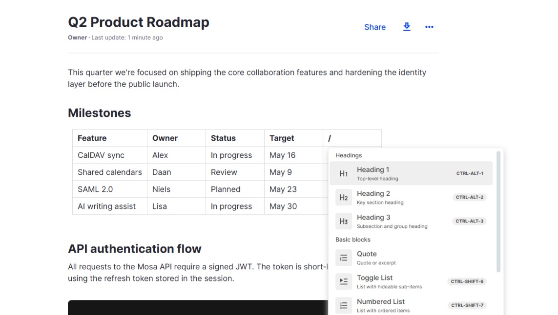 Notes block-based editor showing a document with table, code block and callout